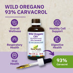 New Roots Herbal Wild Oregano Oil Drops product packaging showing 93 percent carvacrol