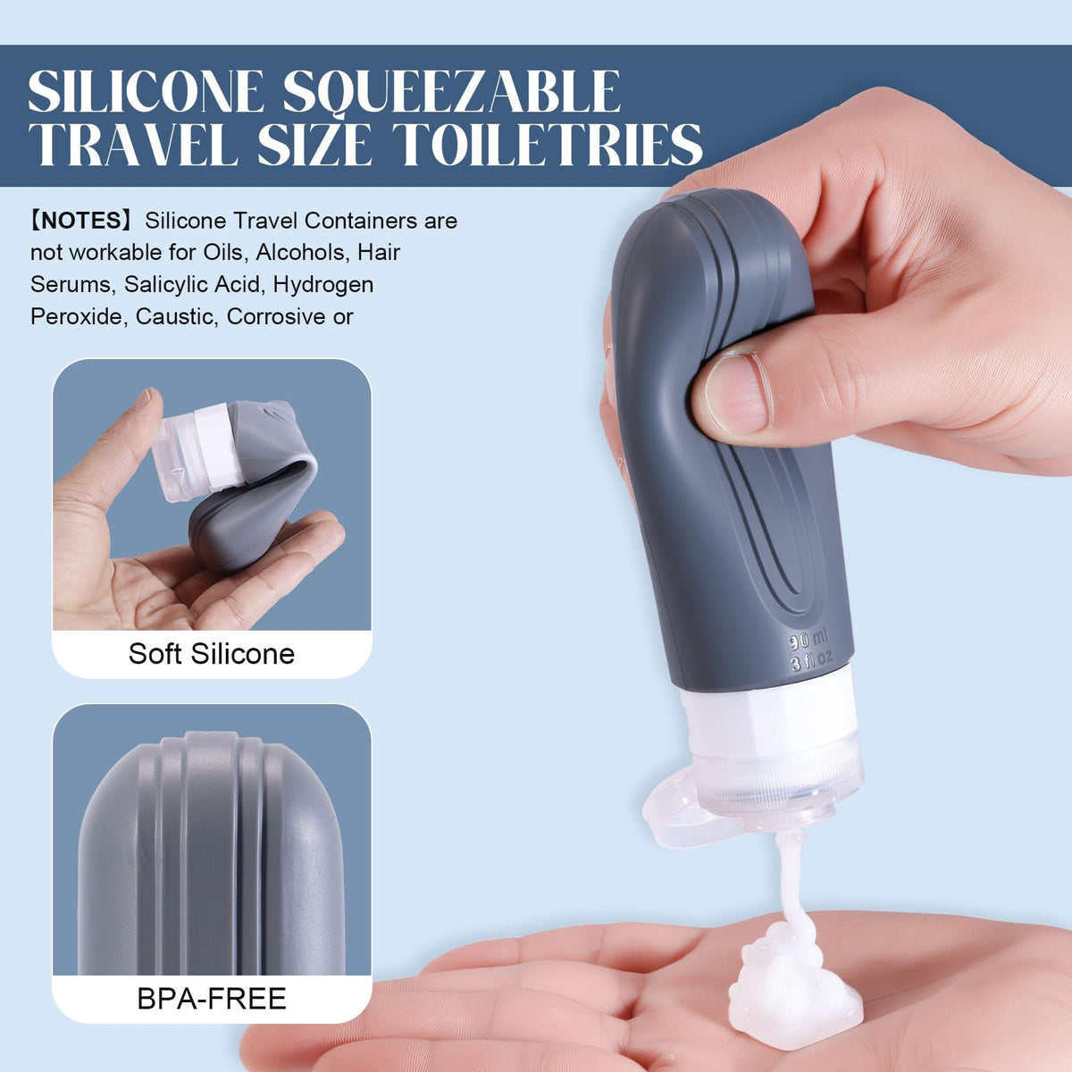 Squeezable gray silicone travel container showcasing the drip-free valve technology dispensing lotion precisely.
