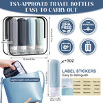 Four gray YIIMER three ounce carry-on compliant bottles arranged neatly next to their transparent airport security pouch.