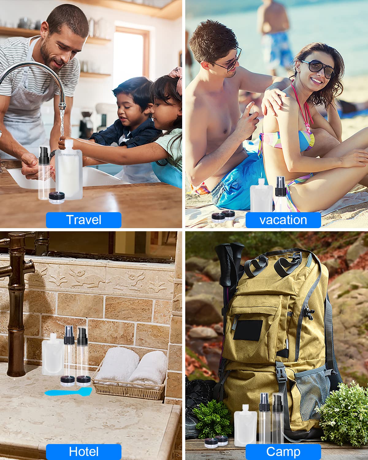 Refillable travel pouches showing the wide mouth opening along with the included funnel and spoon accessories.