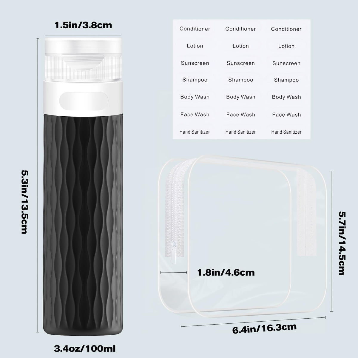 Wide mouth travel bottles for shampoo and conditioner showing easy refilling capability