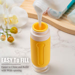 TSA approved squeezable silicone travel bottles set laid out with pastel colored jars and fine mist sprayers.