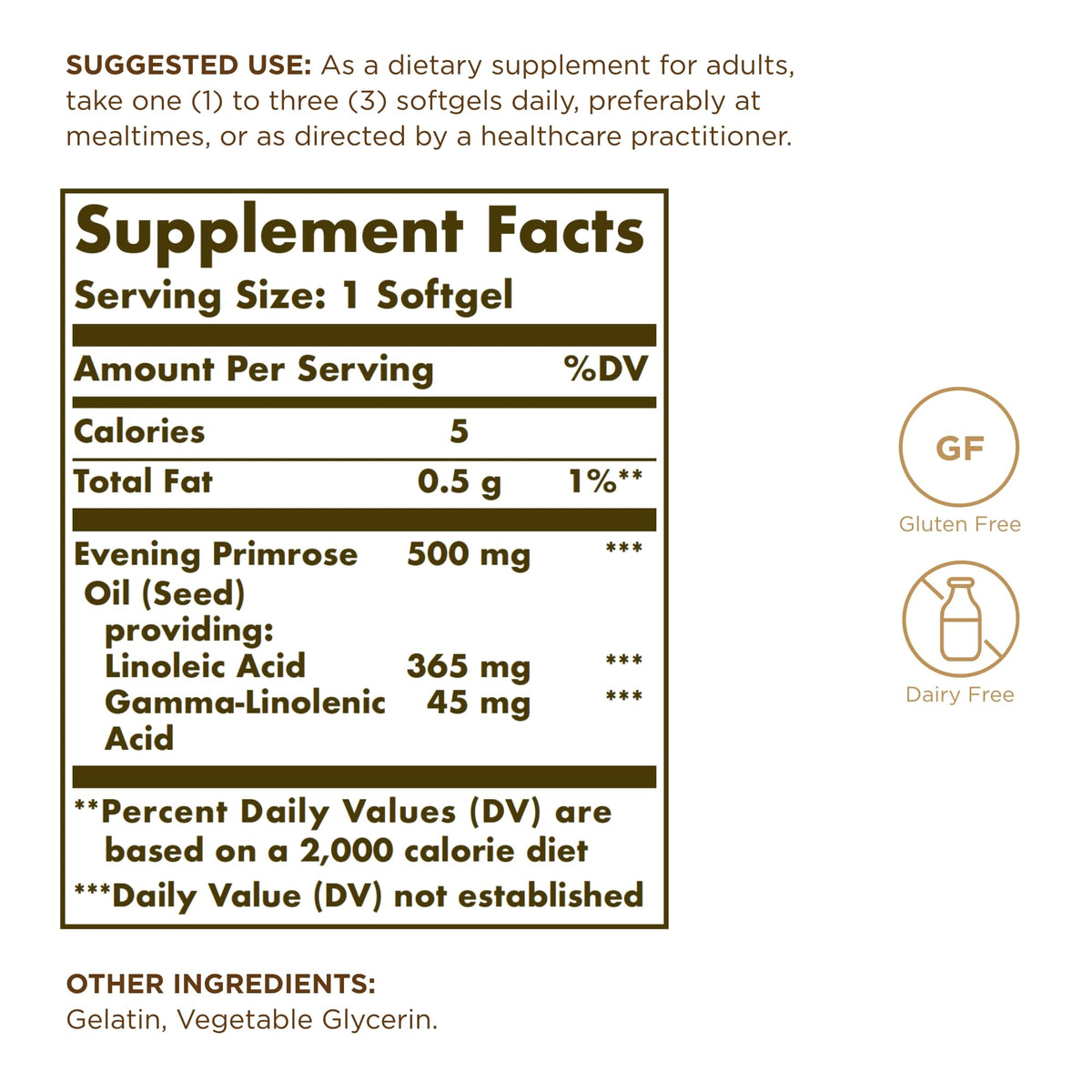Solgar cold pressed evening primrose oil nutritional supplement facts label close up.