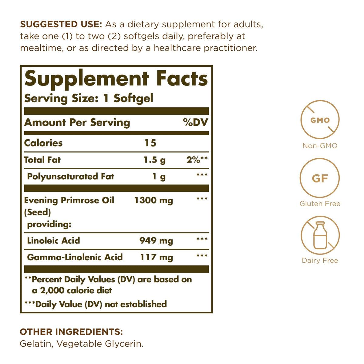Solgar Evening Primrose Oil 120 softgels packaging showing essential fatty acid benefits