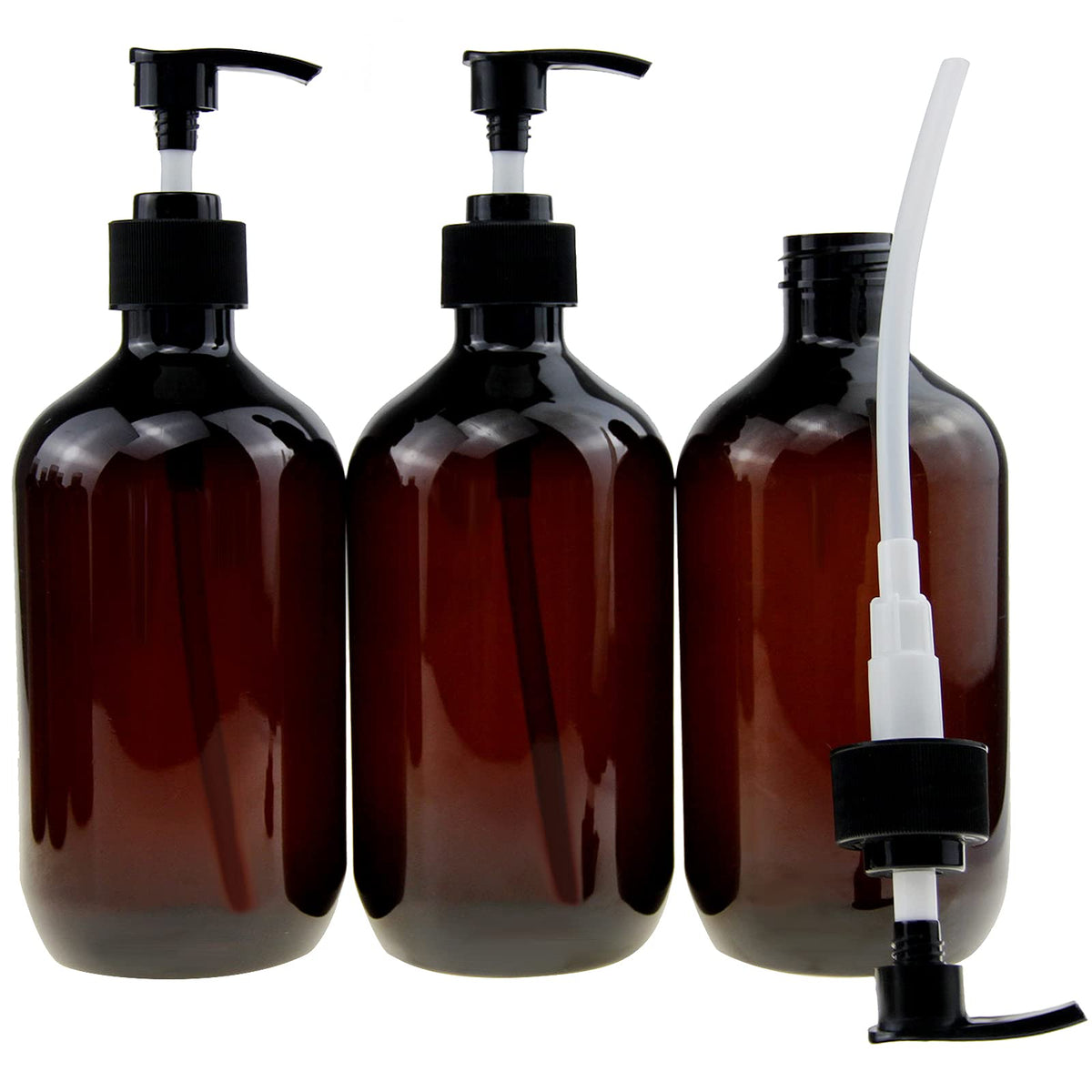 Three pack amber refillable travel containers with black pumps and labels