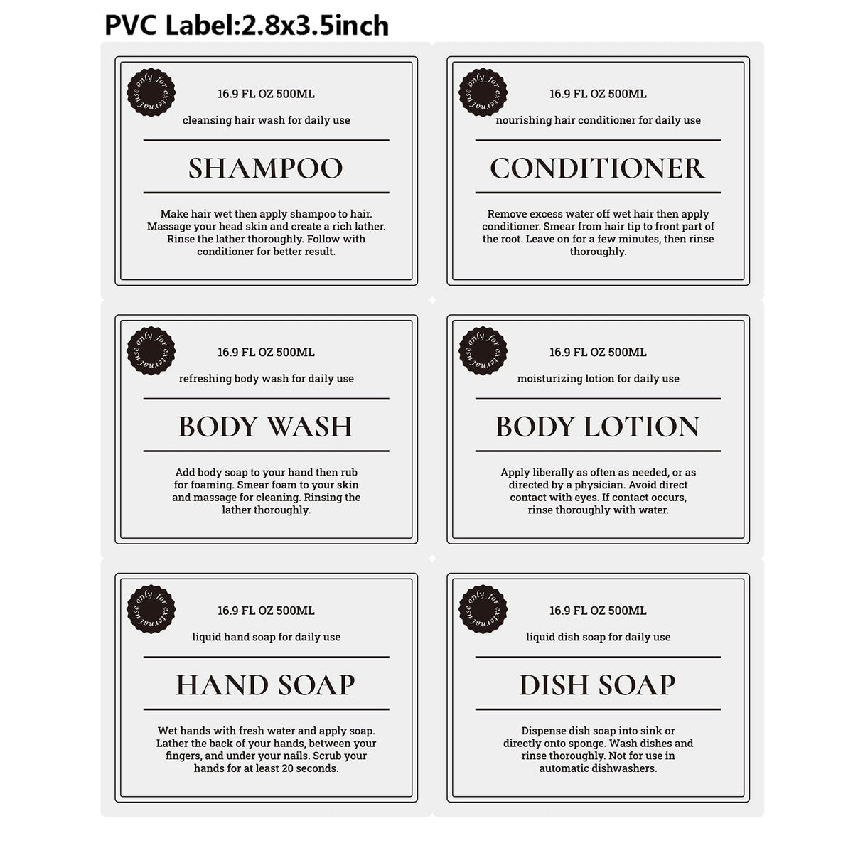 BPA free amber plastic shampoo bottles with six pieces of organizer labels