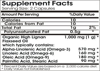 PureControl Supplements cold pressed organic flaxseed oil capsules supplement facts label detailing premium essential fatty acids ingredients.
