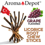 Close up of natural licorice root texture and grape flavor packaging