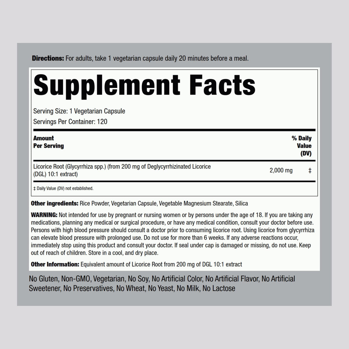 Piping Rock DGL 2000mg vegetarian capsules supplement label