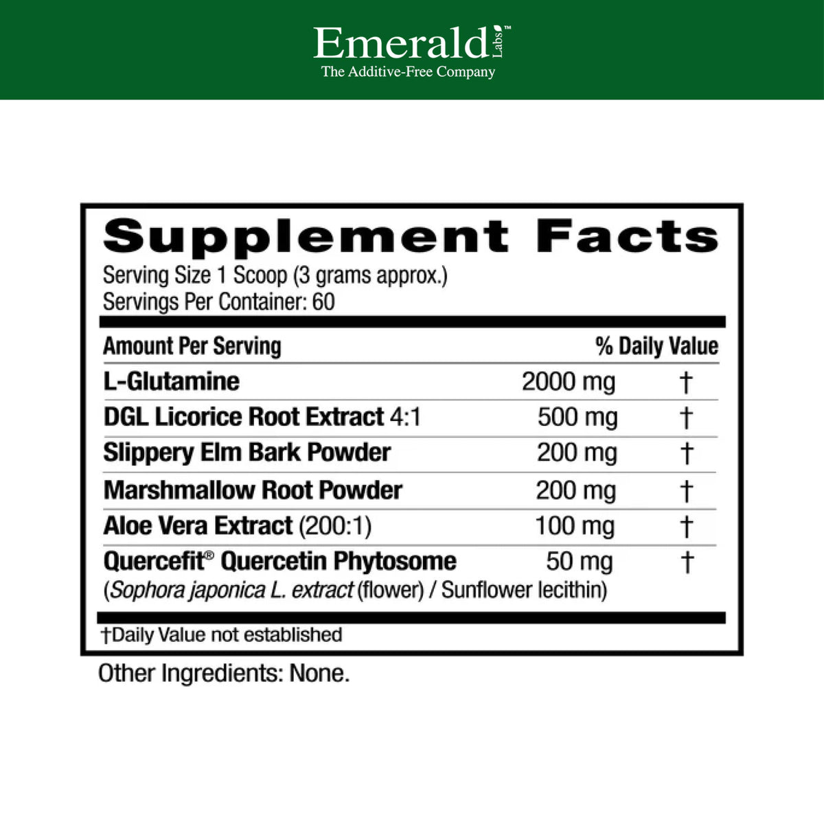 Close up of Emerald Laboratories Leaky Gut Health supplement label ingredients