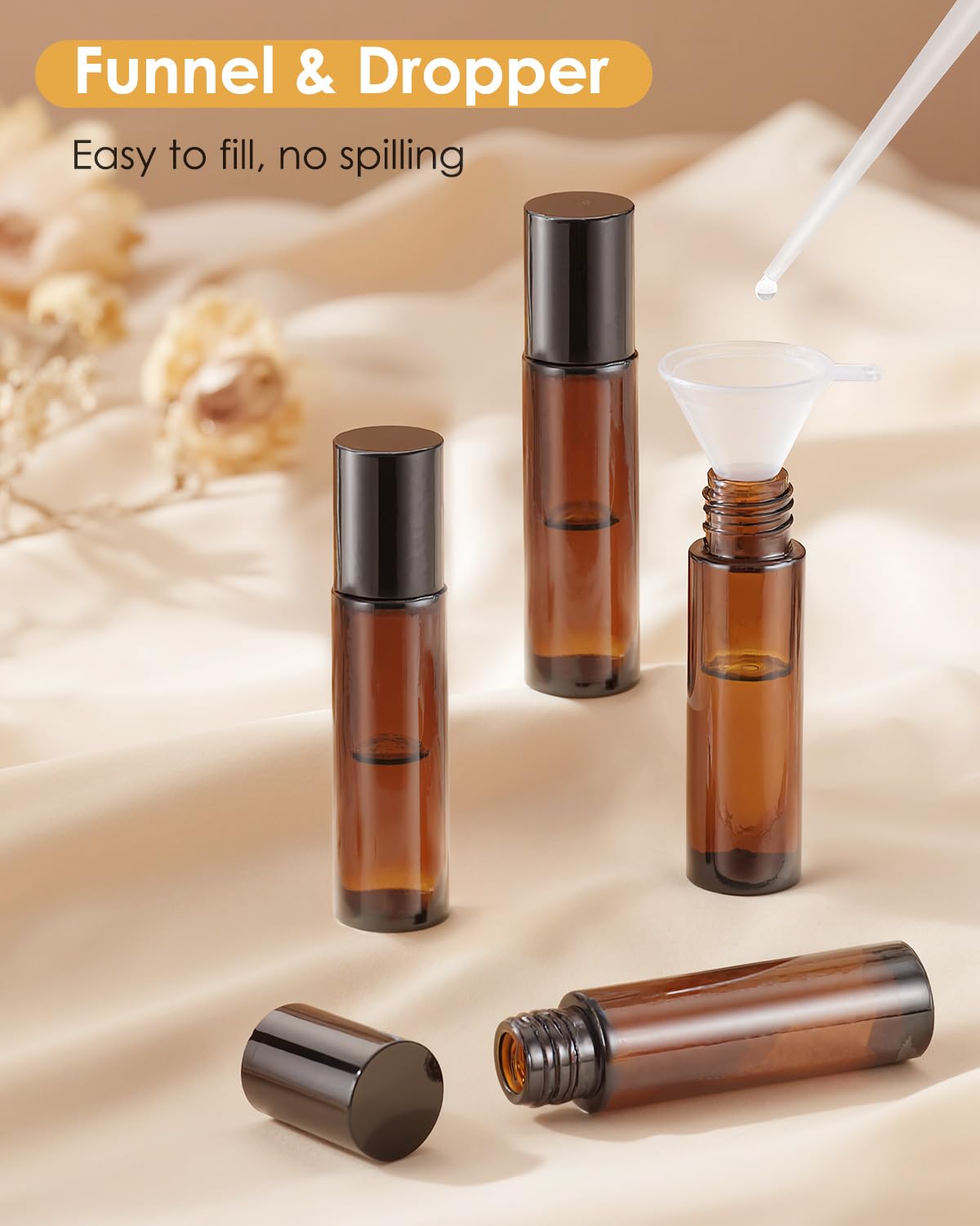 Worldgsb ten milliliter amber glass roller bottles with included funnel tool