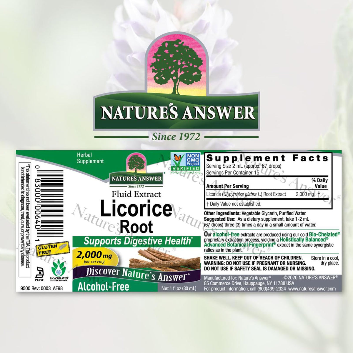 Natures Answer alcohol free licorice root 1 fluid ounce bottle label details