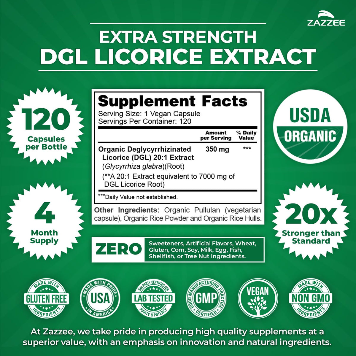 Back of Zazzee DGL Licorice bottle showing supplement facts