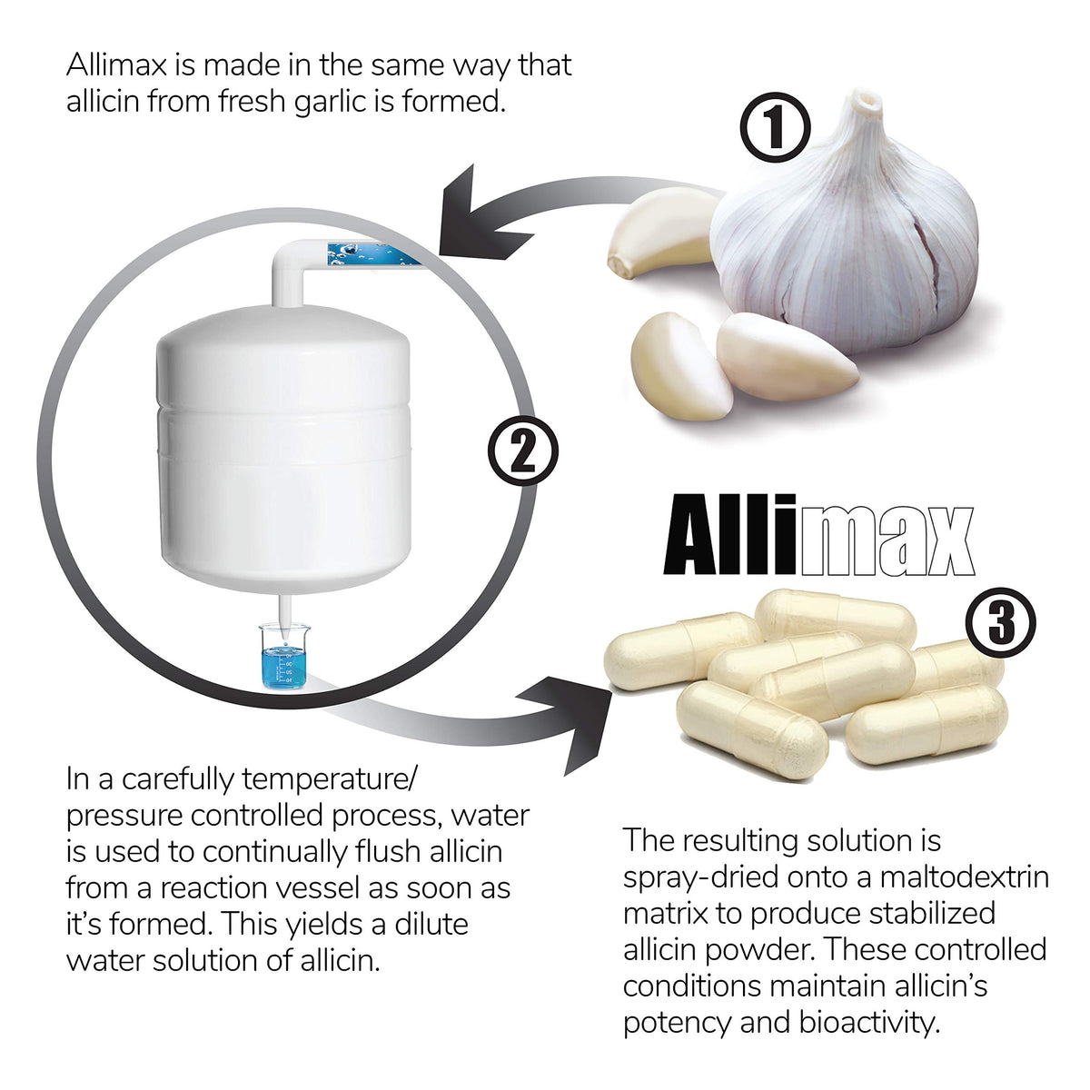 Close-up of the non-GMO and gluten-free certifications on Allimax Pro bottle.