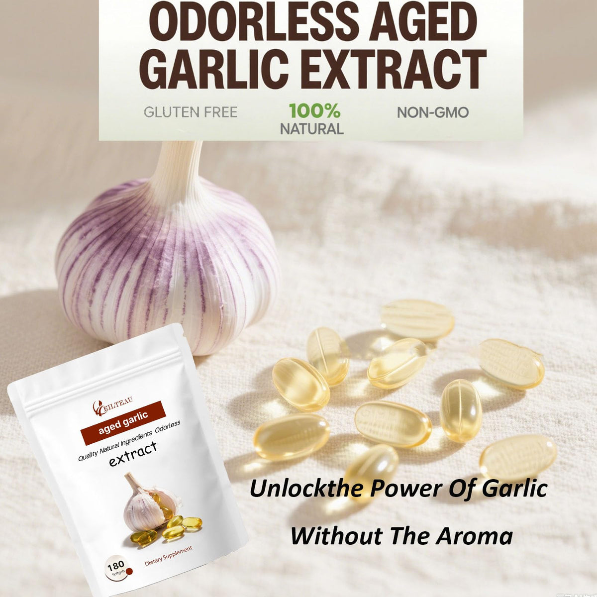 Non GMO and gluten free aged garlic extract softgels for heart health.