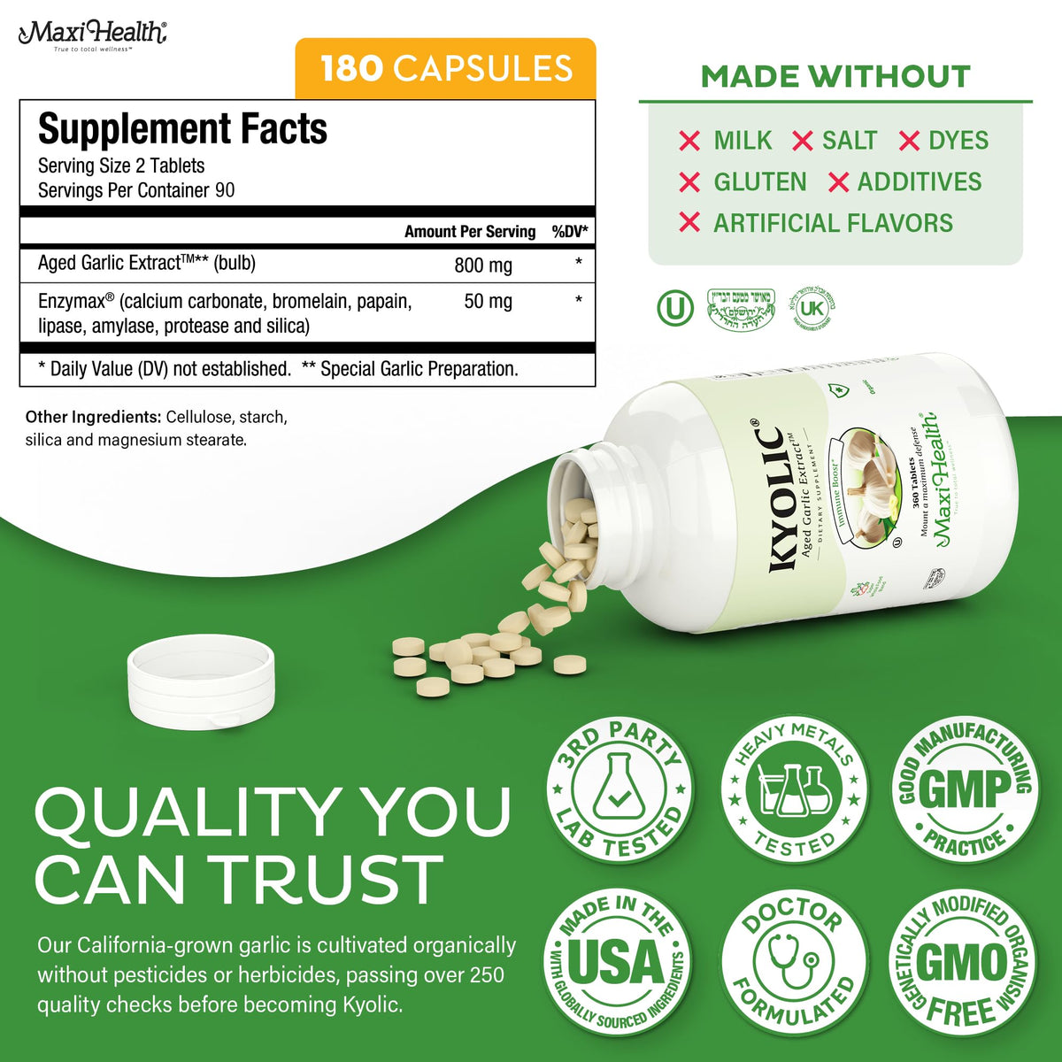 USA imported Maxi Health garlic supplement container showcasing Enzymax blend