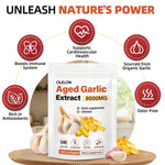 OLELON 20 to 1 concentrated aged garlic extract 8500mg softgel capsules on a clear background