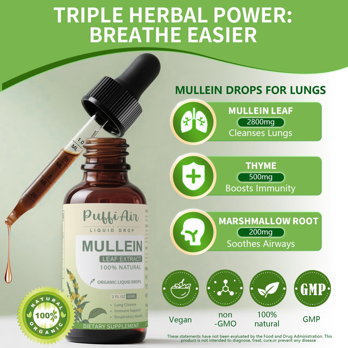 Vegan lung health supplement Puffiair Mullein Drops 120ml