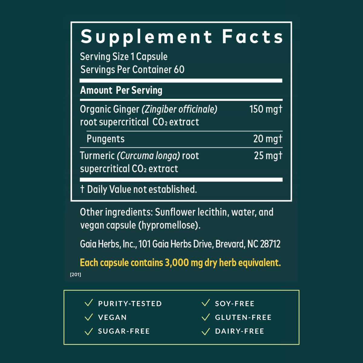 Authentic imported Gaia Herbs Ginger Supreme digestive health capsules supplement facts label