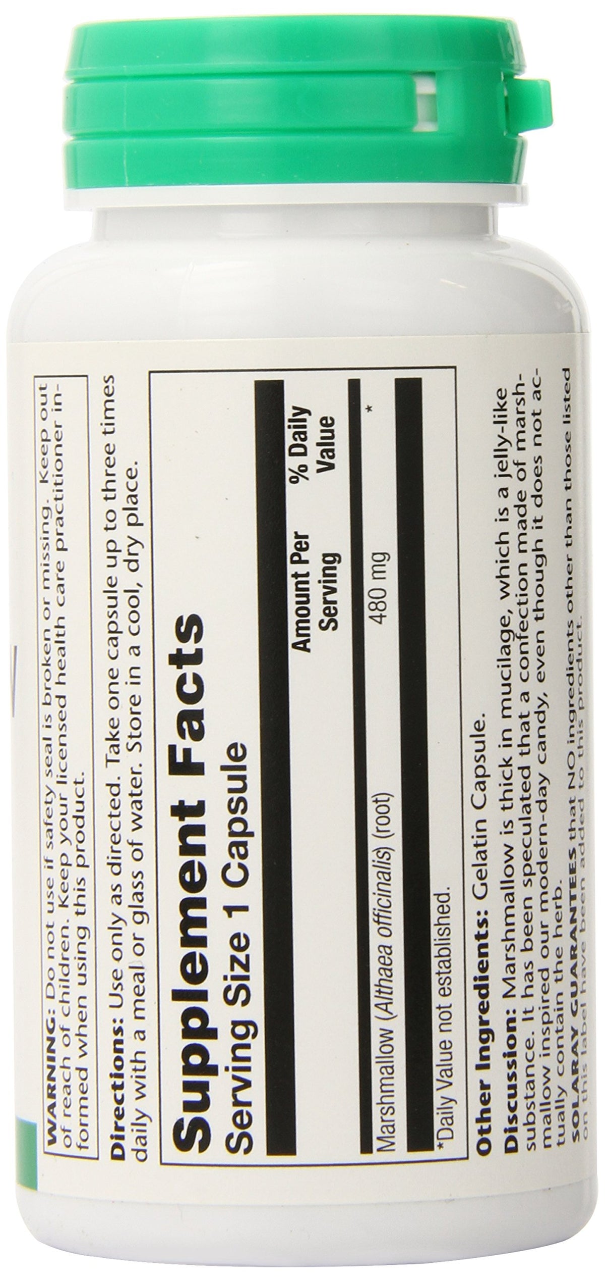 Solaray marshmallow root bottle side view features
