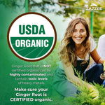 Zazzee USDA organic ginger root 20 to 1 extract label details displaying supplement facts.