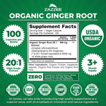 Zazzee ginger root 100 vegan capsules container on a clean background highlighting maximum potency.