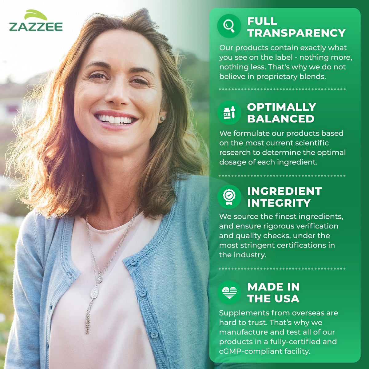 Zazzee health supplement bottle standing upright illustrating the three month supply packaging.