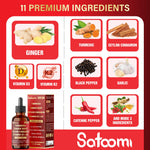 Satoomi ginger root and turmeric liquid supplement packaging detailing premium ingredients