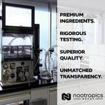 Clear perspective view of Nootropics Depot 5,7-Dimethoxyflavone capsules showcasing the premium dark glass packaging.