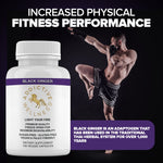 Addictive Wellness pure black ginger energy pills showing vegan and paleo friendly certifications