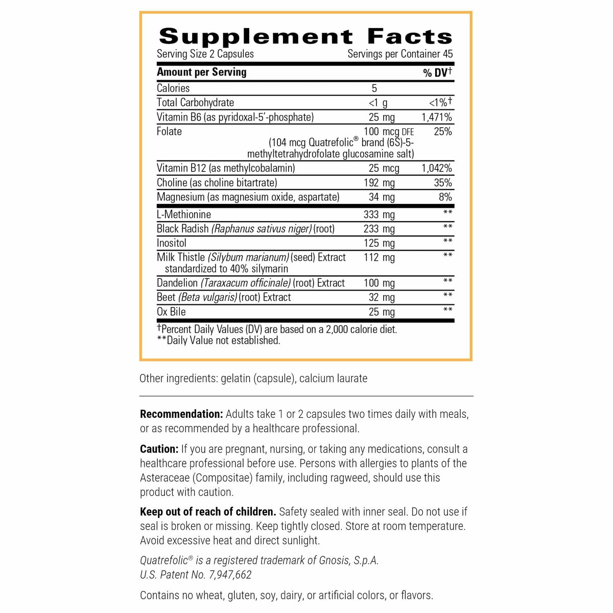 ITI Lipotropic Complex supplement facts label outlining milk thistle and choline ingredients