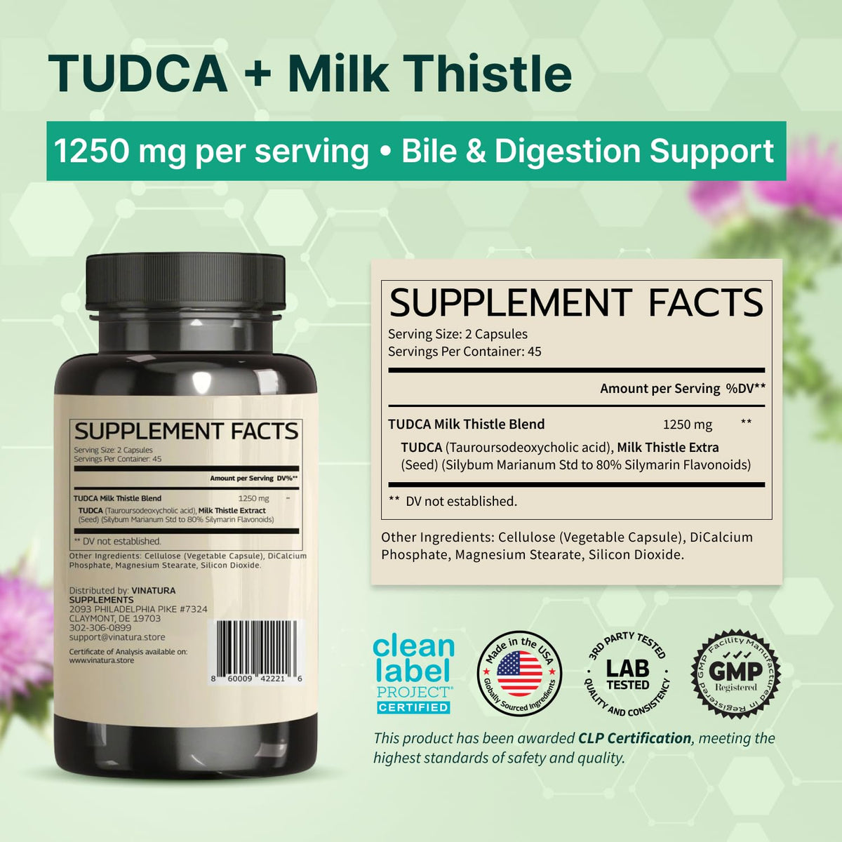 Vinatura TUDCA and bile salts supplement label showing ingredients and serving sizes.