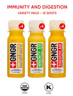 Individual two fluid ounce ginger and turmeric immunity booster bottles ready for daily consumption.