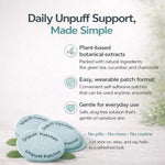 Circular light blue textured Unpuff patch applied directly to the clean skin of the upper arm for transdermal absorption.