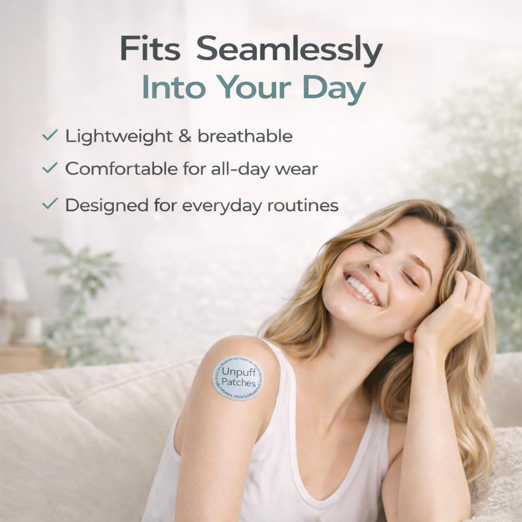 Demonstration of peeling and sticking a vegan bloating relief patch onto dry skin for overnight fluid balance support.