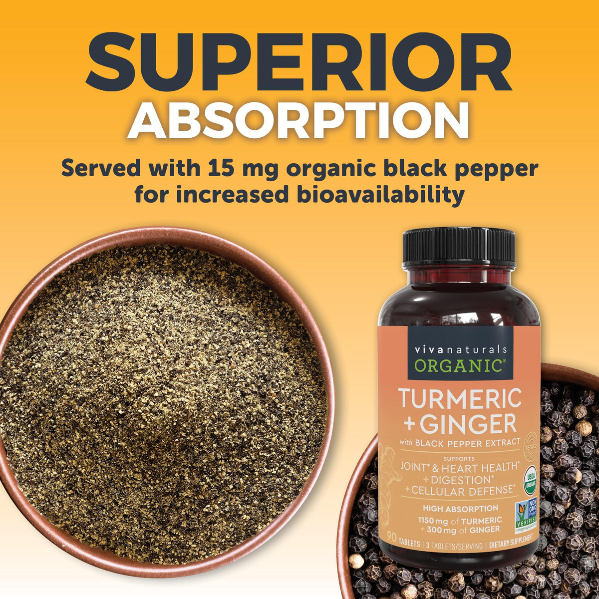 Viva Naturals Non GMO Project Verified turmeric and ginger health supplement package.