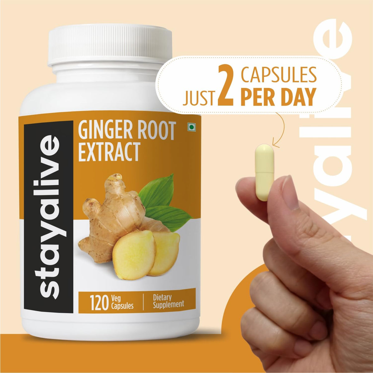 Authentic USA imported Stay Alive ginger supplement bottle on a plain background.