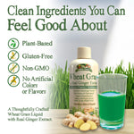 Side view of Garden Greens Wheat Grass naturally alkalizing liquid supplement bottle depicting volume clarity.