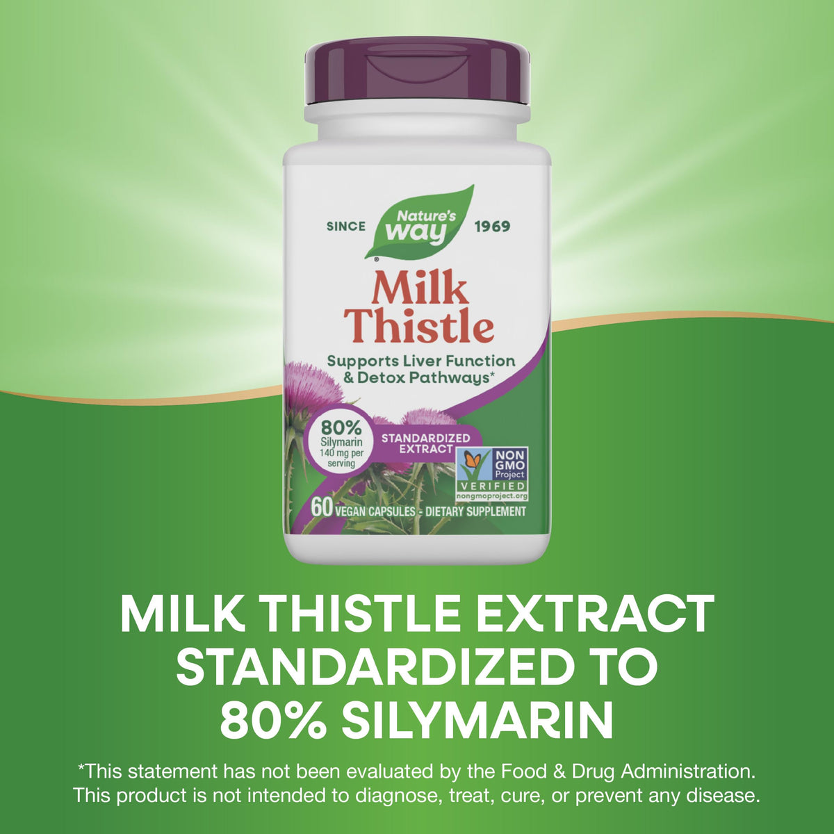 Side view of Nature's Way Milk Thistle dietary supplement highlighting non-GMO project verification