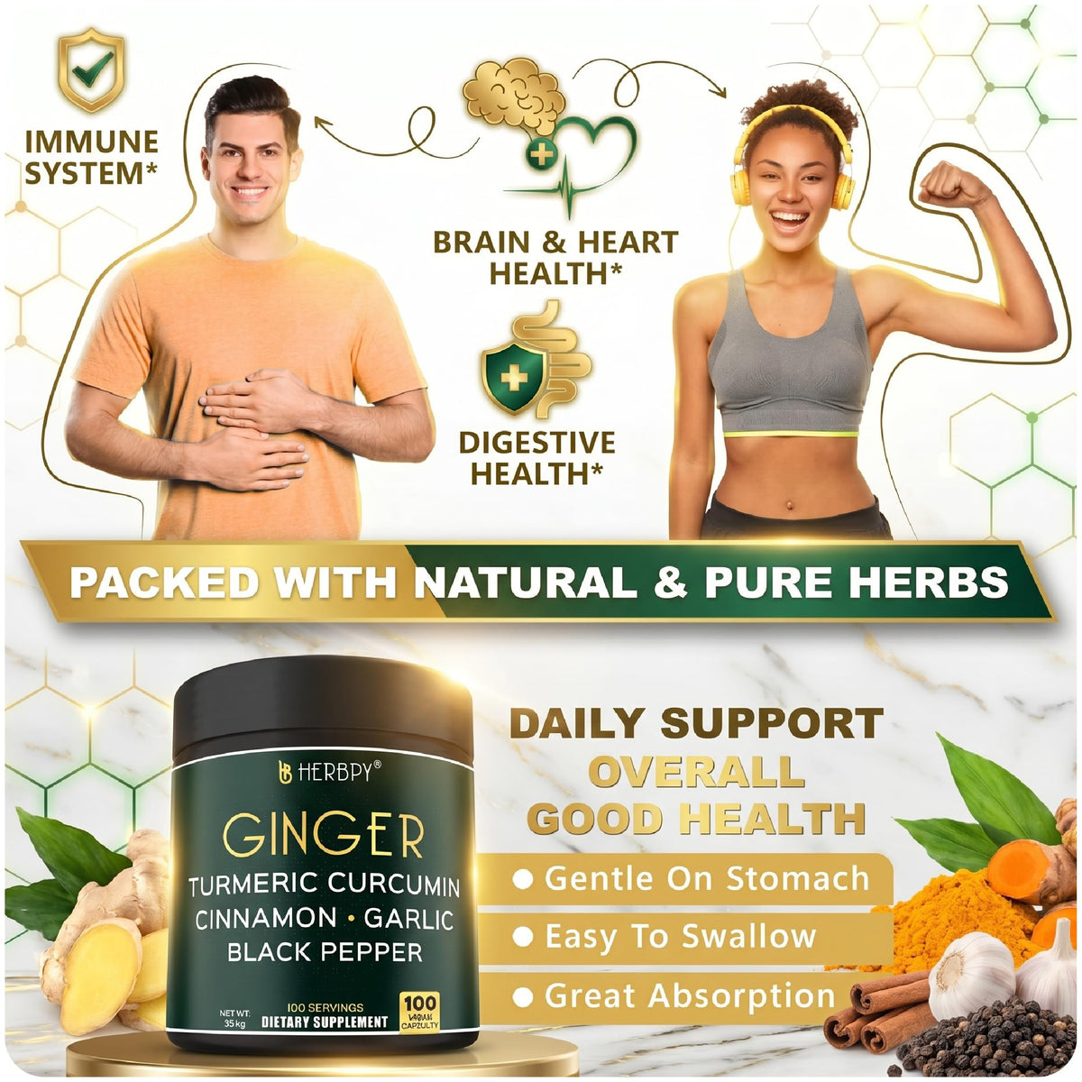 Back label of Herbpy 5in1 Ginger and Turmeric supplement showing nutrition facts and serving size instructions