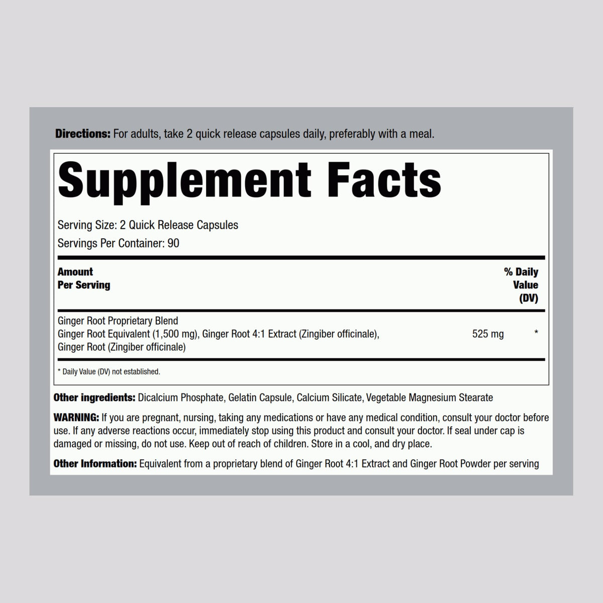 Piping Rock Ginger Root 1500 mg supplement facts and clean non-GMO ingredients label