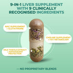 Vital Nutritive Liver Support dietary capsules showing vegetarian formulation details