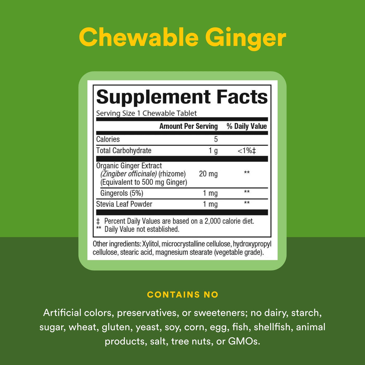 Natural Factors Ginger 500mg 90 chewable tablets side view showing allergen free certifications