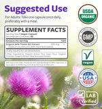 PURE CO Organic Milk Thistle capsules side view showing clean organic ingredients and allergen-free text.