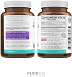 PURE CO Organic Milk Thistle supplement bottle showing dosage instructions for premium liver cleanse.