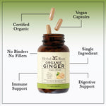 Herbal Roots pure ginger supplement glass bottle showing non GMO and gluten free logos