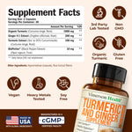 Vimerson Health Turmeric and Ginger supplement supplement facts label showing exact milligram dosages and clean ingredients.