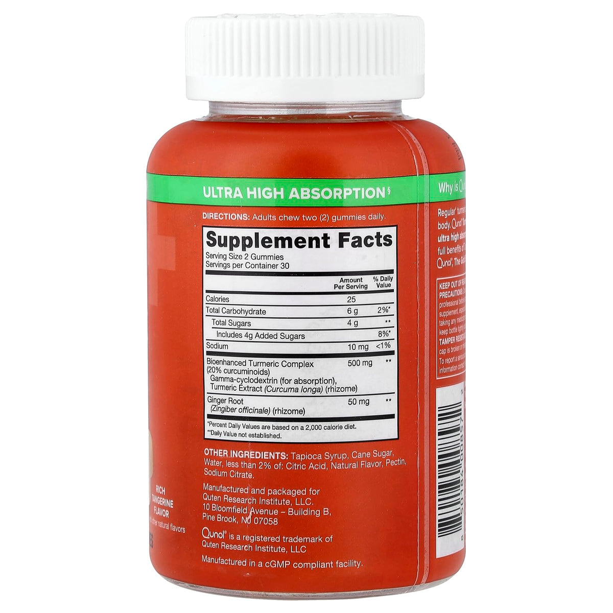 Supplement facts label on the back of Qunol ultra high absorption turmeric gummies
