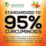 Nature's Nutrition Turmeric Curcumin with ginger and BioPerine packaging detailing joint support benefits