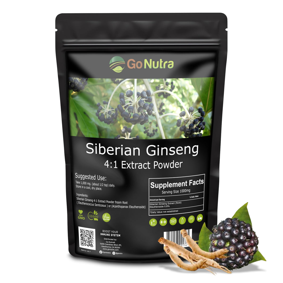 Dietary supplement facts on Go Nutra Siberian Ginseng bottle
